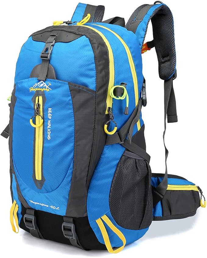 Side view of blue 40 liter backpack with secure zippers and mesh side pockets