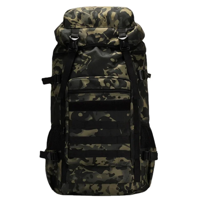 Front view of 65L hiking backpack in dark camo design