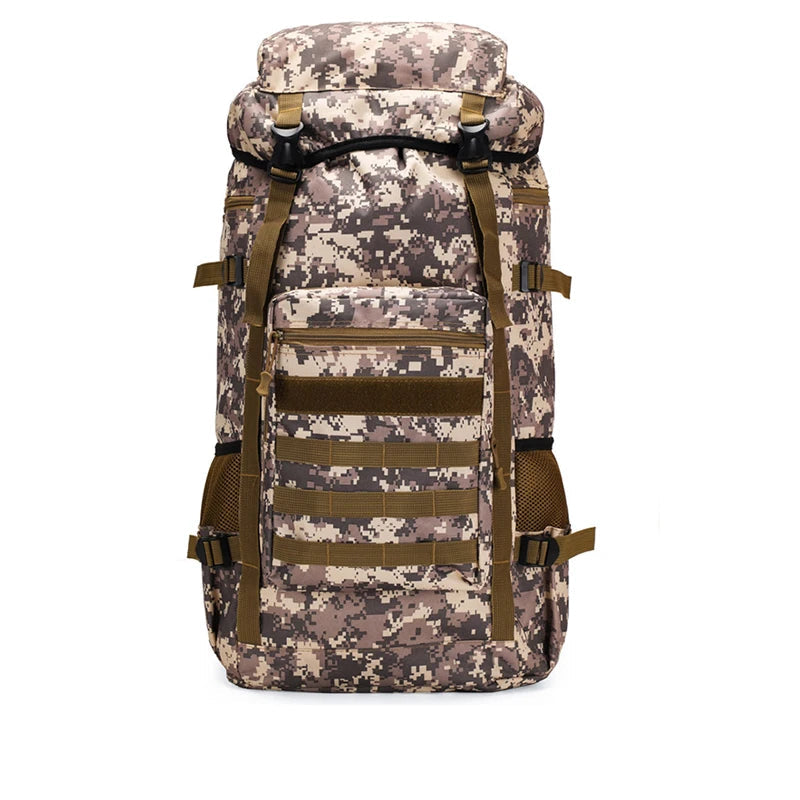Rear panel of 65L hiking backpack showing back support and straps