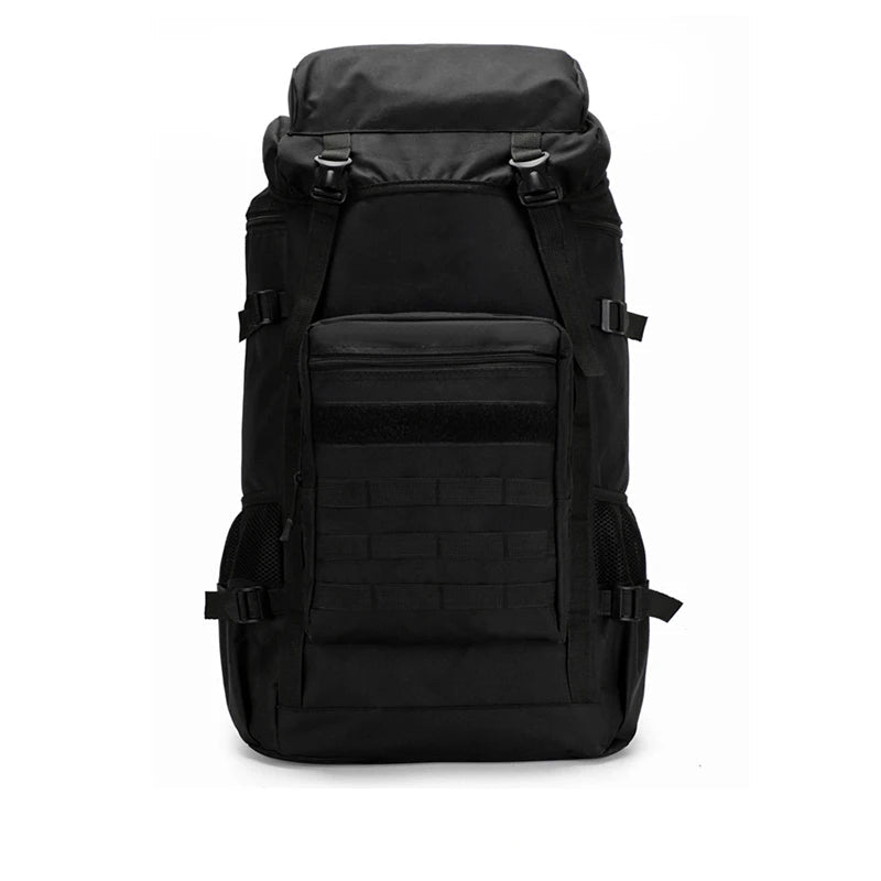 All-black 65L hiking backpack with tactical look