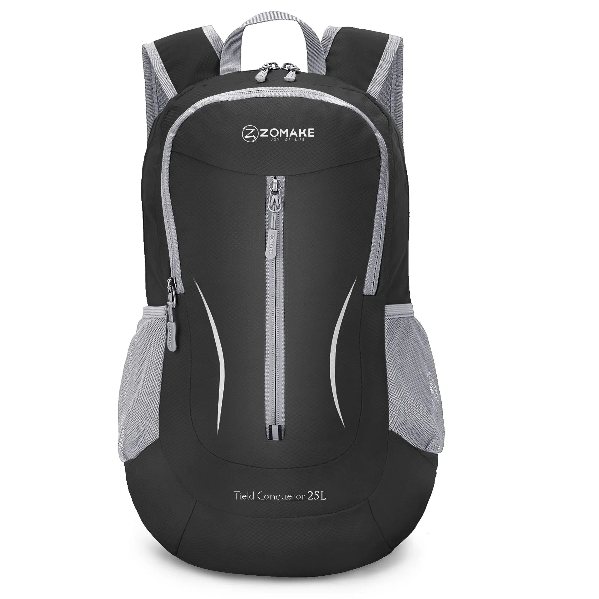 Black foldable 25 litre backpack shown with color options – perfect for hiking and day trips