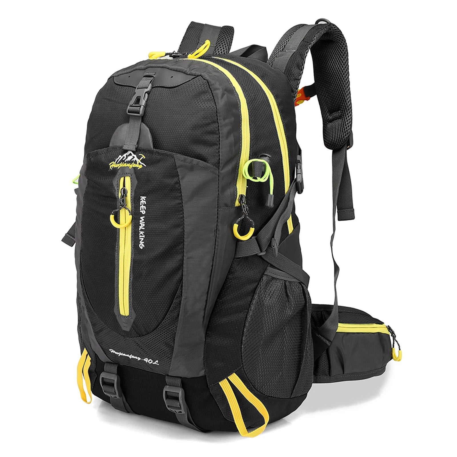 Black 40 liter backpack with yellow accents – durable and spacious for hiking or trekking