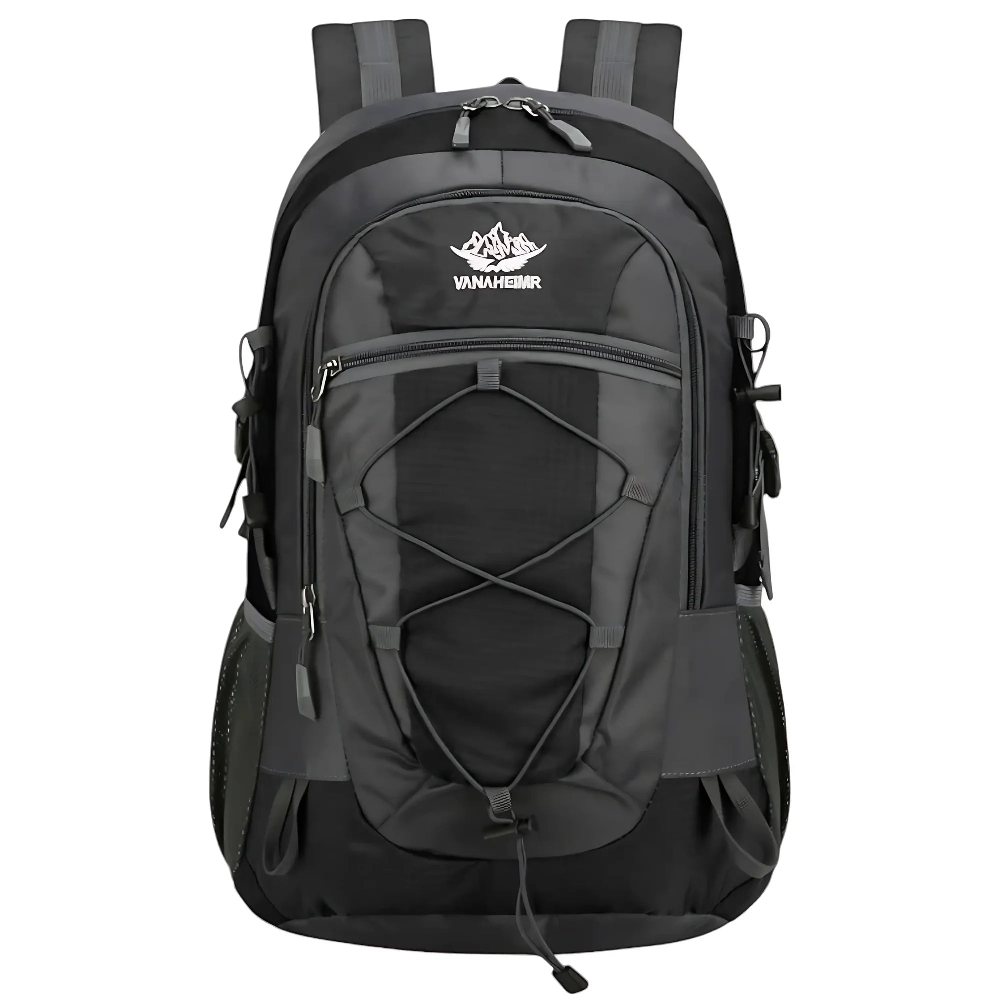 black waterproof daypack hiking backpack front view