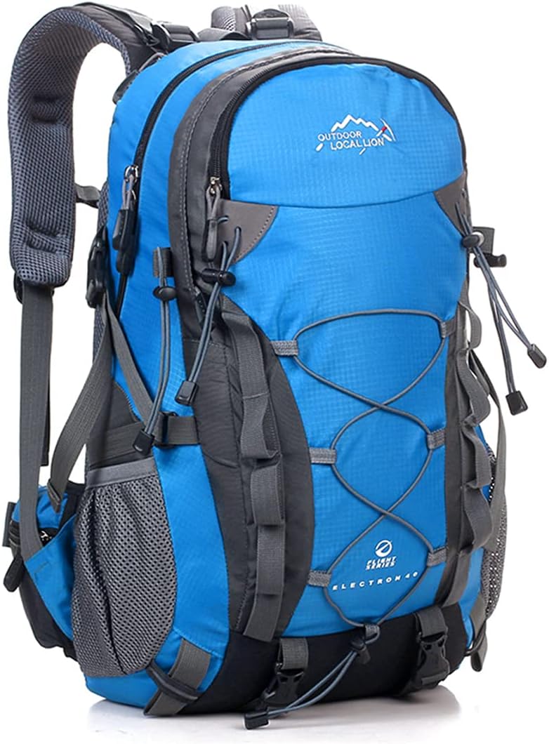  Blue 40L hiking backpack showing adjustable shoulder straps and compartments