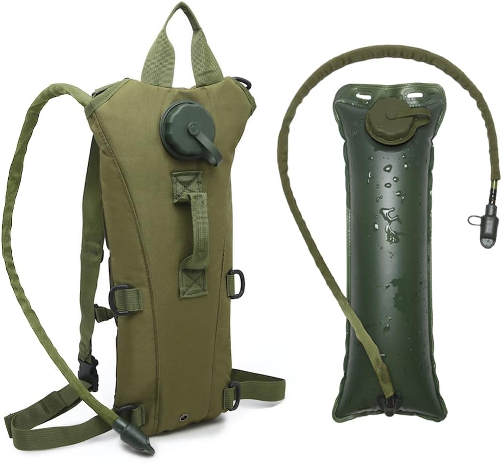 Durable hiking bag with water bladder and hydration hose – side and front view