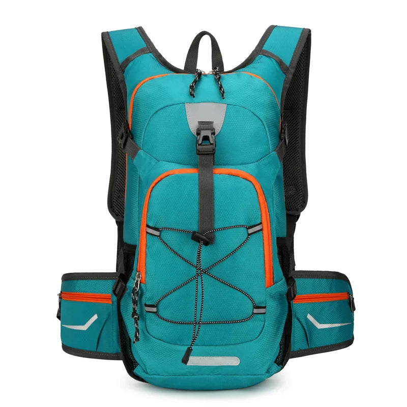 Front view of a teal hiking hydration backpack with orange trim and ample storage compartments.