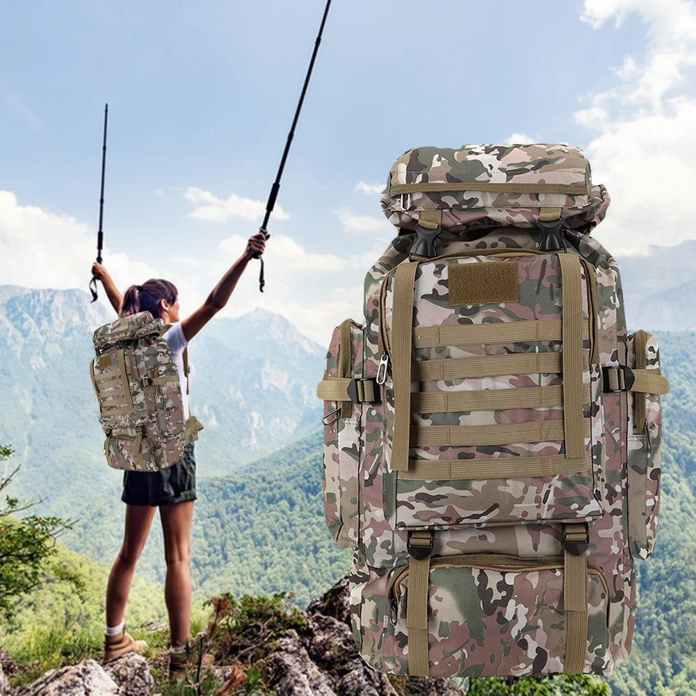 Hiker wearing 80L backpack during mountain adventure