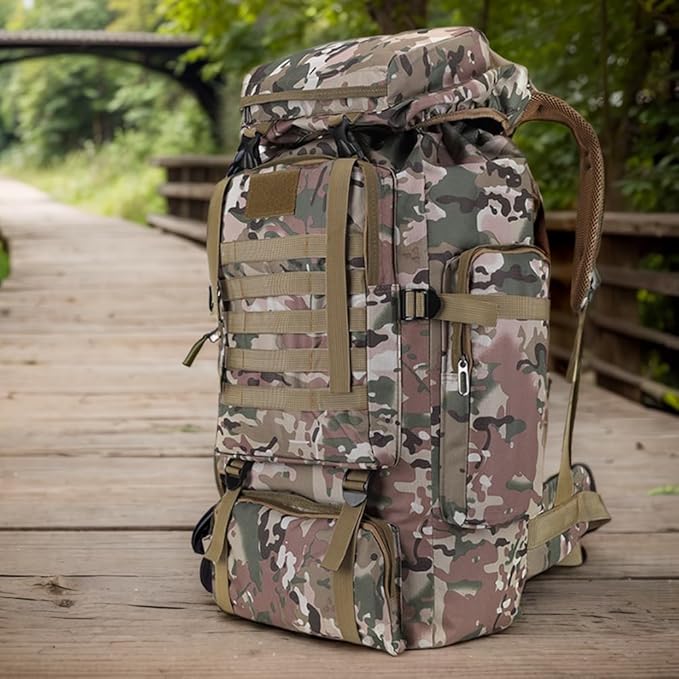 80L backpack shown on a hiking trail outdoors