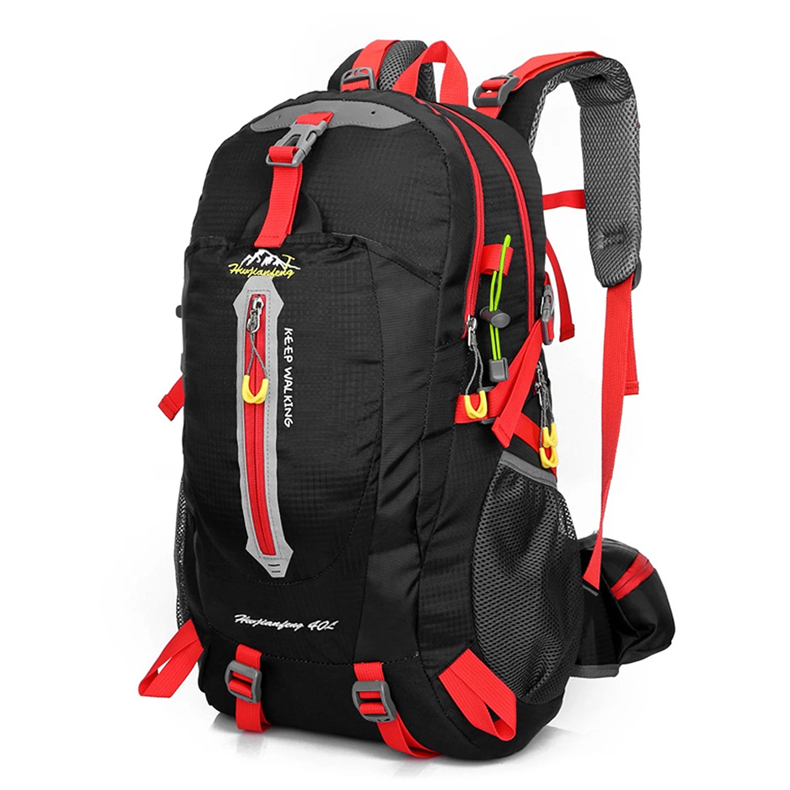 40 liter red and black outdoor backpack – front view showing ergonomic support features