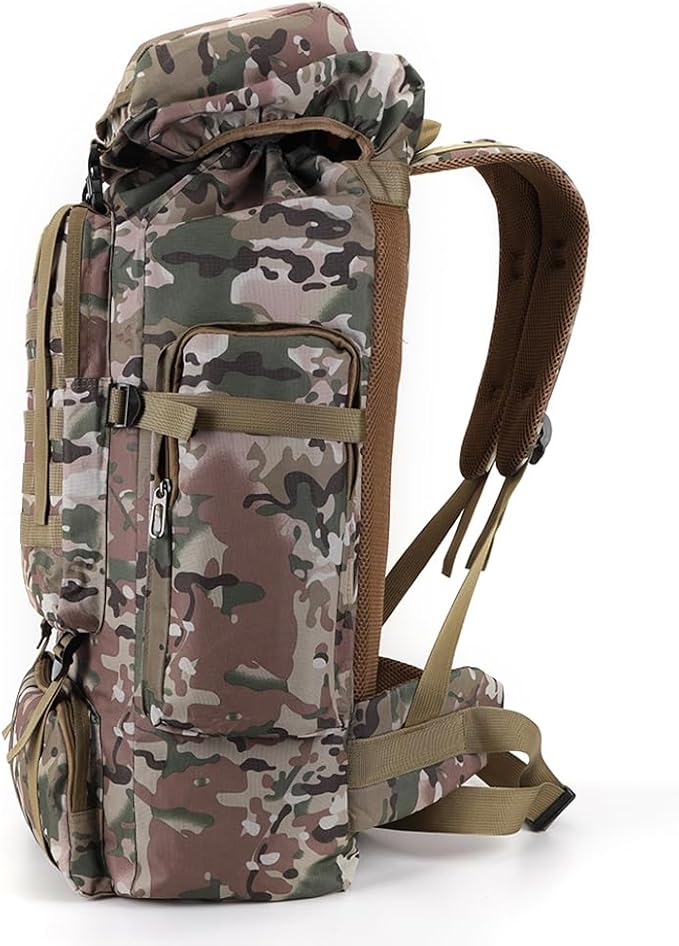 Side profile of 80L backpack showing strap system